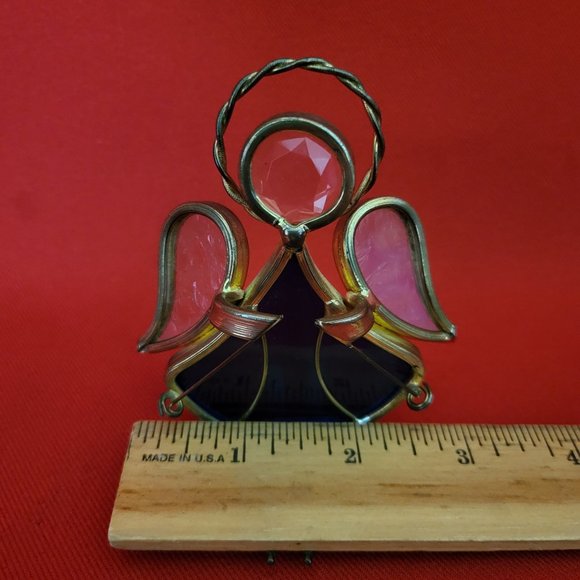 Vintage Stained Glass Skier Blue Gold Tone - Picture 7 of 12